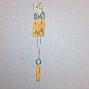 Silver Strike Earring Necklace Set Yellow And Teal Dangly Earrings Long Necklace